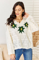 POL Floral Embroidered Pattern V-Neck Sweater Cream OutfitFlow